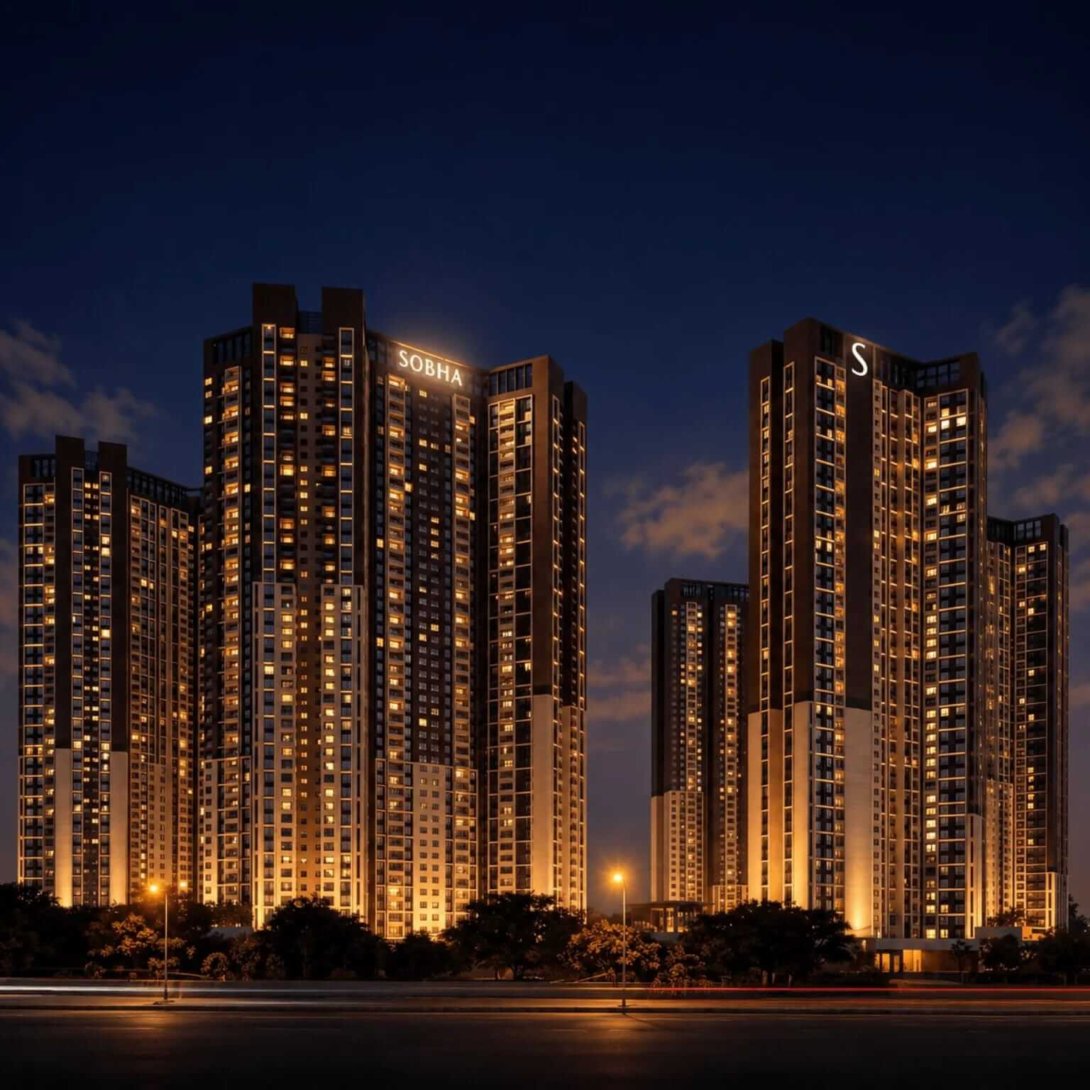 Sobha One World luxury towers at twilight