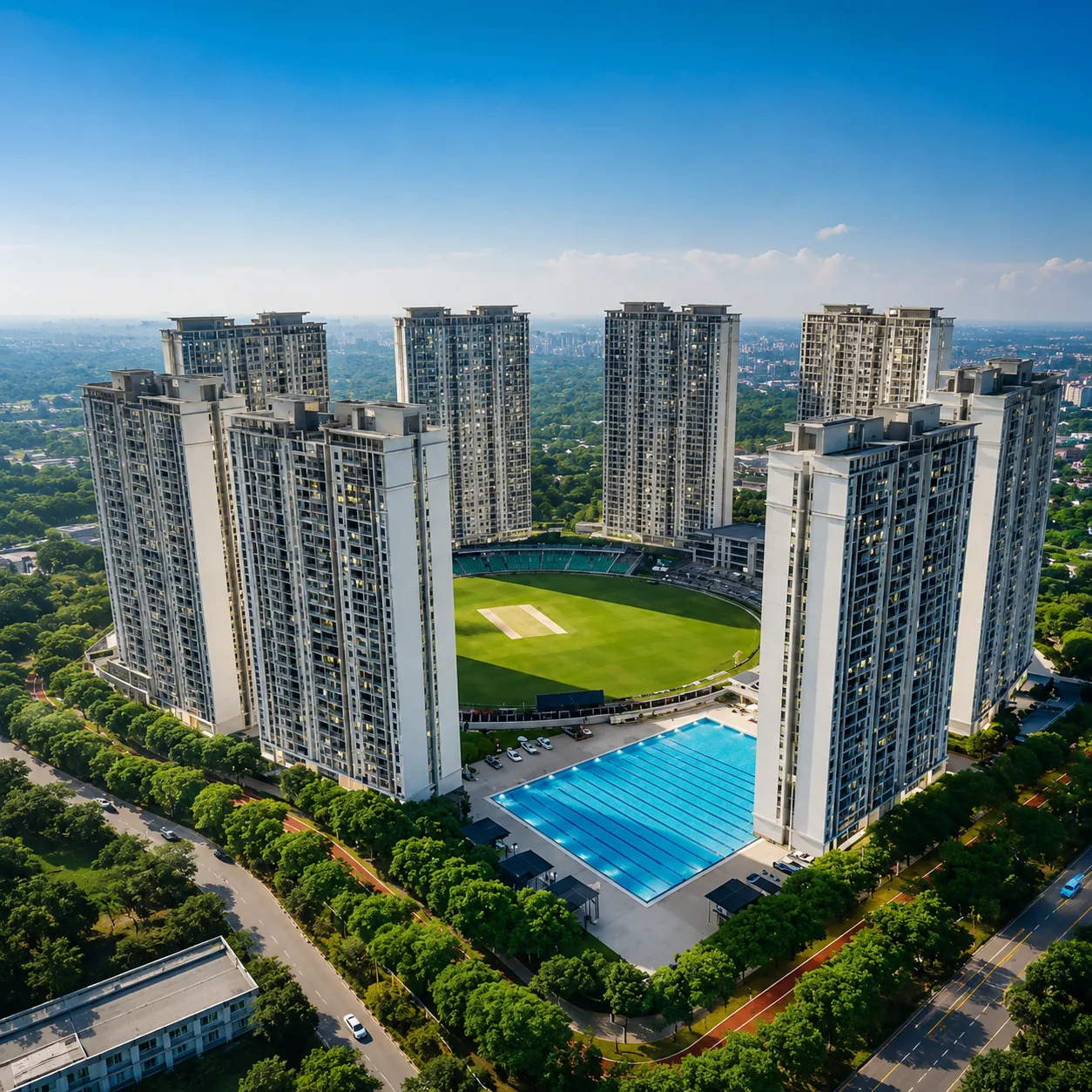 Aerial view of Sobha One World township towers, cricket ground and swimming pool
